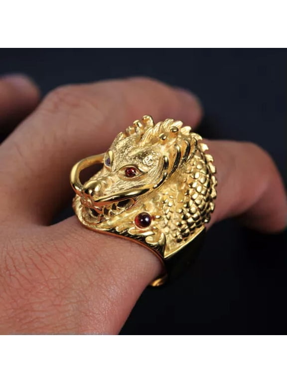 Men's Dragon Head Rings Stainless Steel Red CZ Eye Dragon Ring Haevy Biker Gold-9