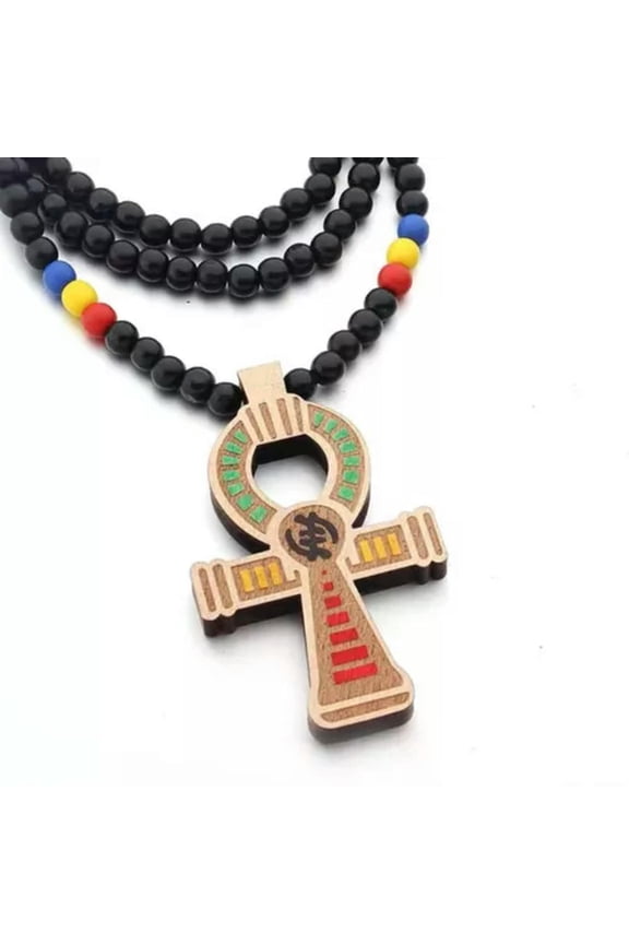 Men's Egyptian Wood Large Ankh Cross Pedant Punk Hip Hop Necklace Ball Chain 35"-Coffee (C)
