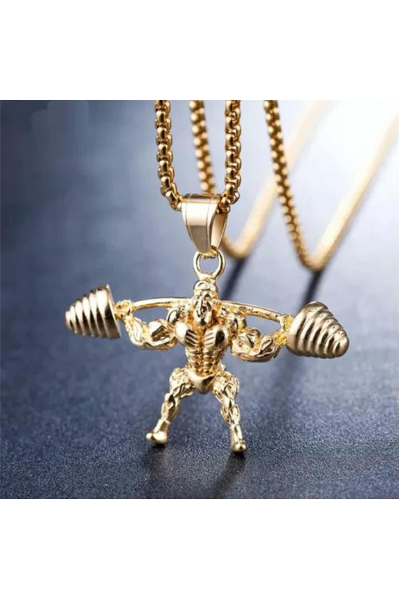 Men's Fashion Jewelry Body Builder Pendant with Chain Muscle Strong Man-Gold Muscle Man