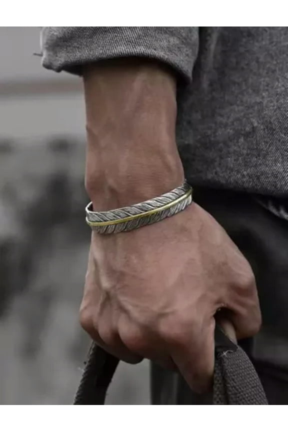 Men's Fashion Jewelry Silver Feather Adjustable Bangle Cuff Bracelet