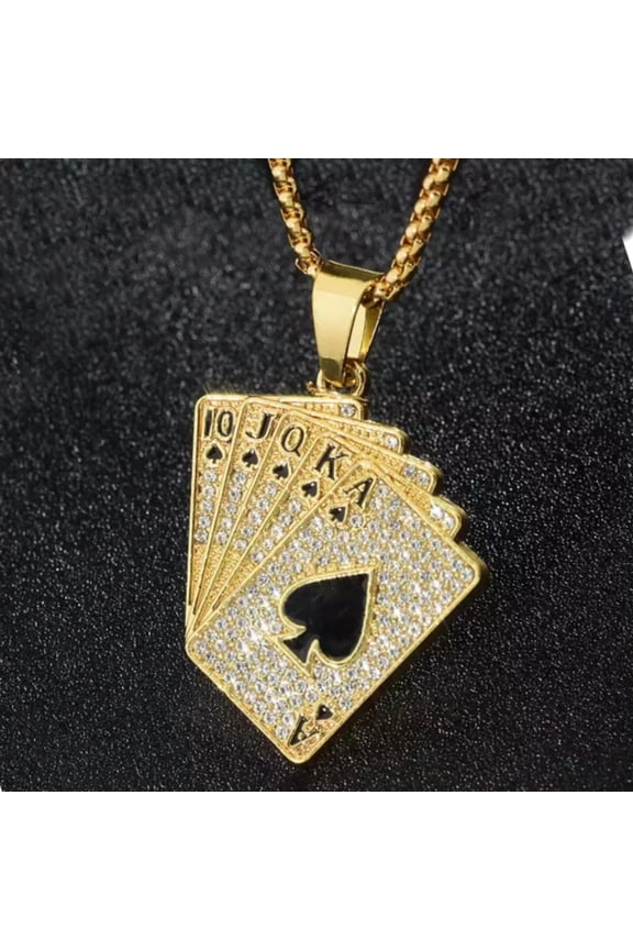 Men's Gold CZ Poker Card Pendant Necklace Punk Hip Hop Biker Jewelry Chain 24"