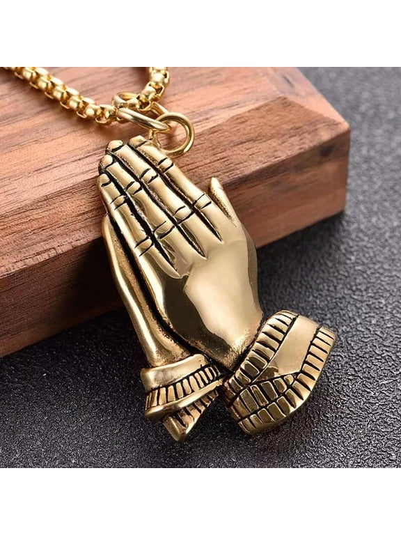 Men's Gold Praying Hands Pendant Necklace Religious Christian Jewelry Chain 24"