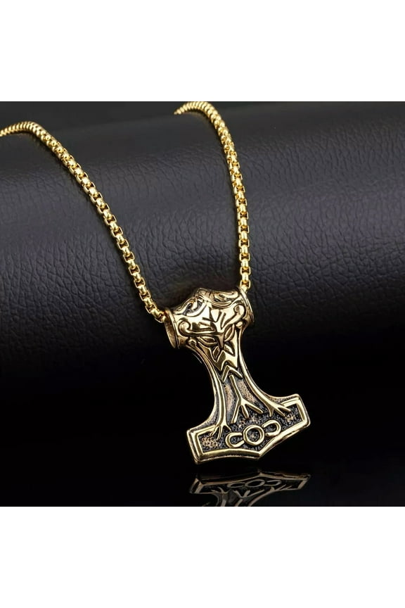 Men's Gold Viking Thors Hammer Mjolnir Pendant Necklace Punk Jewelry Chain 24"