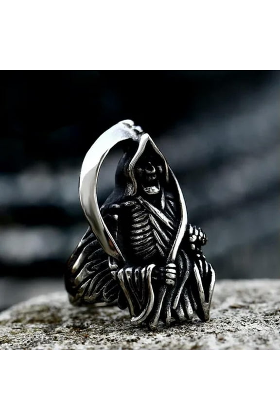 Men's Gothic Soul Reaper Ring Stainless Steel Reaping Hook Skull Biker Punk Ring-7