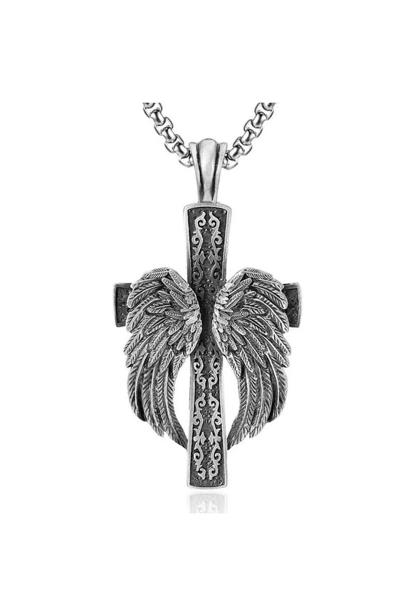 Men's Large Catholic Winged Cross Pendant Necklace Christian Jewelry Chain 24"