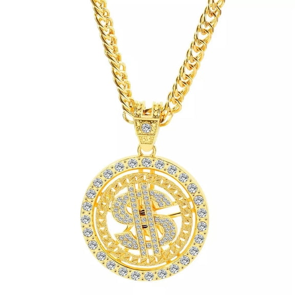 HOOUN Men's Large Gold CZ Dollar Pendant Necklace Hip Hop Disco Jewelry Chain 28" Gift