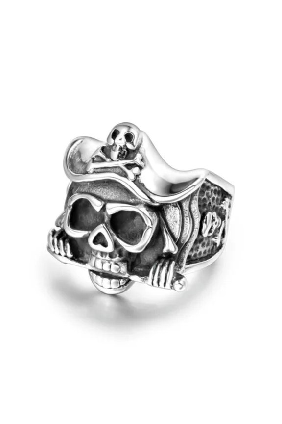 Men's Pirate Cross Bone Skull Ring Stainless Steel Captain Skull Biker Punk Ring-7