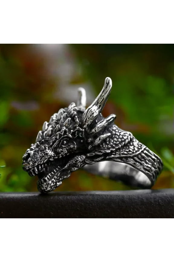 Men's Powerful Dragon Head Ring Stainless Steel Horn Dragon Vintage Biker Ring-11