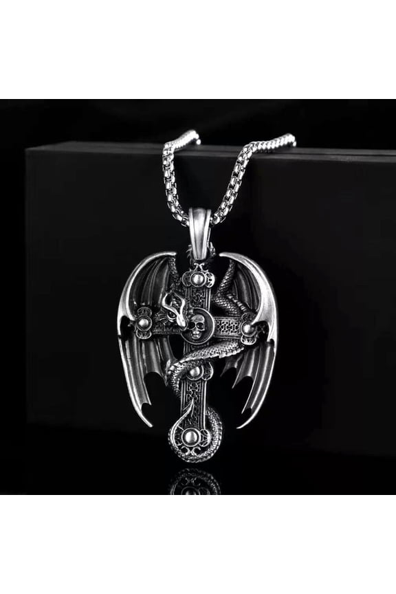 Men's Punk Gothic Retro Winged Dragon Skull Cross Pendant Necklace Box Chain 24"