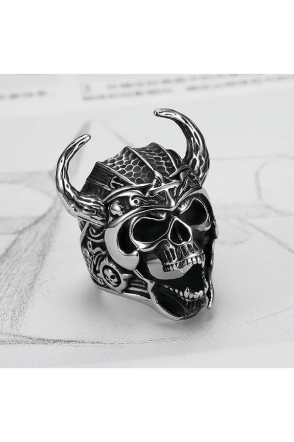 Men's Satan Horn Helmet Skull Ring Stainless Steel Vintage Cross Skull Punk Ring-12