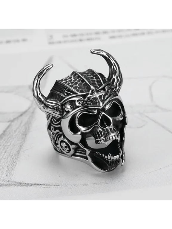 Men's Satan Horn Helmet Skull Ring Stainless Steel Vintage Cross Skull Punk Ring-9