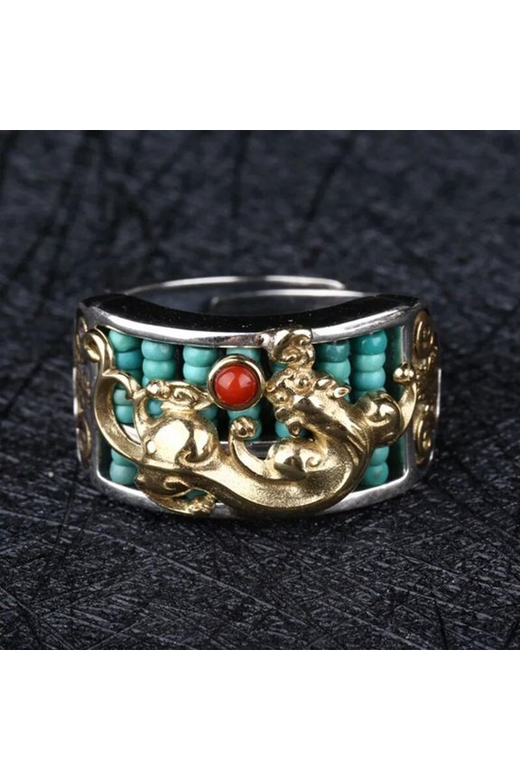 Men's Silver Epoxy Chinese Style Ancient Money Fortune Bead Ring Lucky Jewelry