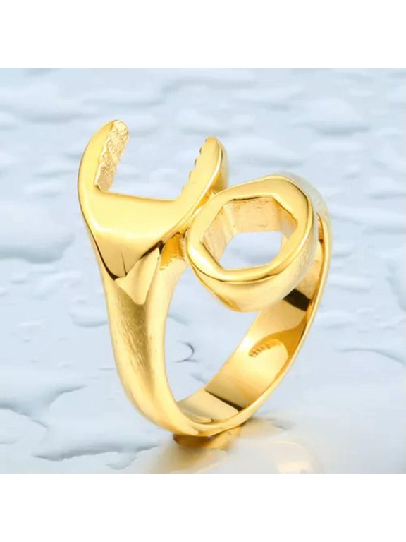 Men's Spanner Tool Ring Stainless Steel Biker Wrench Fashion Punk Ring Gold Tone-12