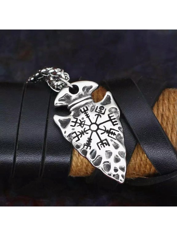 Men's Spearhead Dagger w. Viking Compass Pendant Necklace Braided Chain 24" Gift