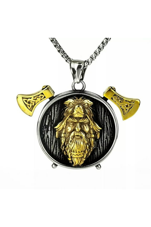 Men's Stainless Steel Viking Pendant Gold Double Axe Odin Head & Runes Chain