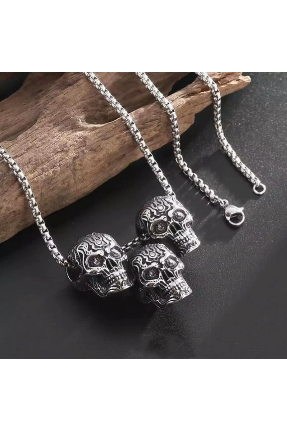 Men's Three Skull Skeletons Pendant Necklace Punk Retro Biker Jewelry Chain 24"