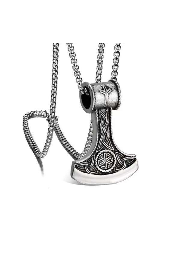 Men's Viking Axe w. Slavic Kolovrat Pendant Protection Necklace Box Chain 24"