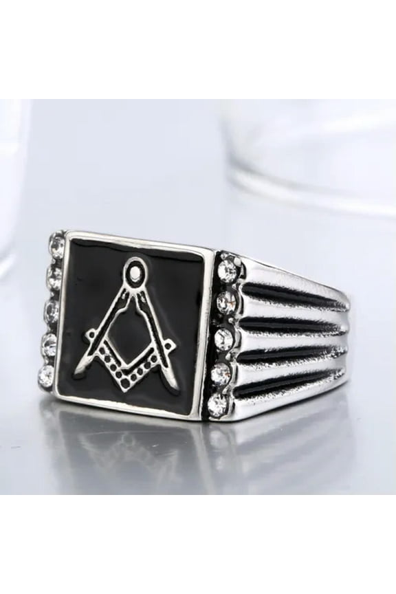 Men's Vintage Masonic CZ Signet Ring Stainless Steel Square Flat AG Ring Biker-7
