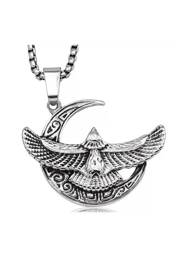 Men's Vintage Stainless-Steel Moon and Eagle Pendant Lucky Necklace Jewelry Gift