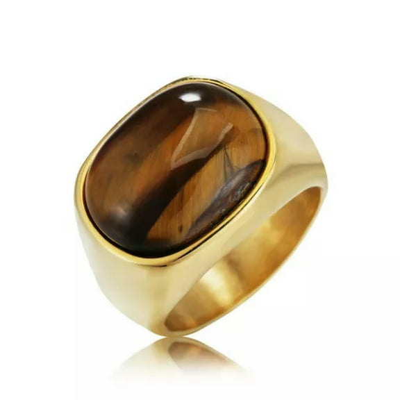 HOOUN Men's Vintage Stainless Steel Oval Tiger Eye Stone Patterned Ring Band Size 7-13-Gold-7