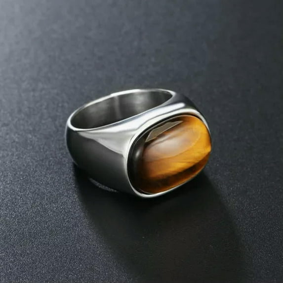 HOOUN Men's Vintage Stainless Steel Oval Tiger Eye Stone Patterned Ring Band Size 7-13-Silver-10