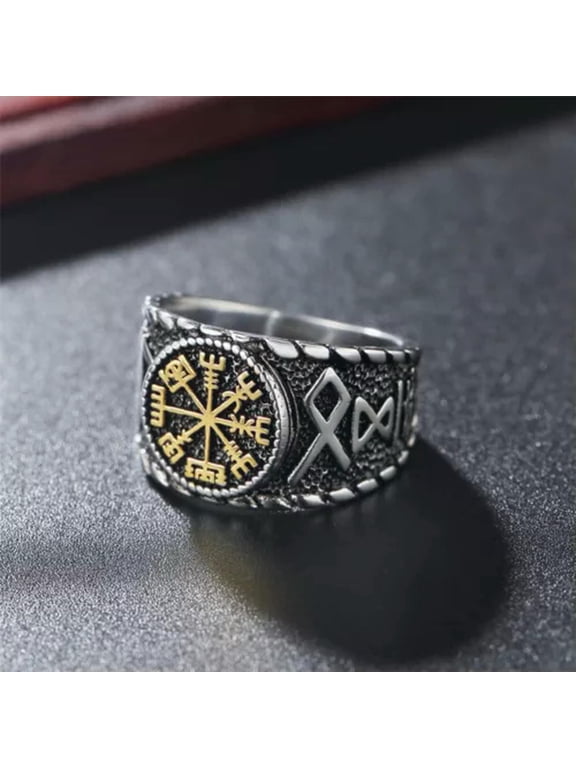 Men's Vintage Viking Runes Compass Ring Stainless Steel Nordic Pirate Biker Ring-7
