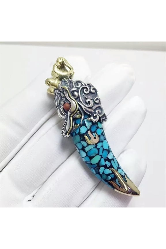Men's Wolf Tooth Inlaid Turquoise Brave Necklace Pendent Lucky Gift Jewelry
