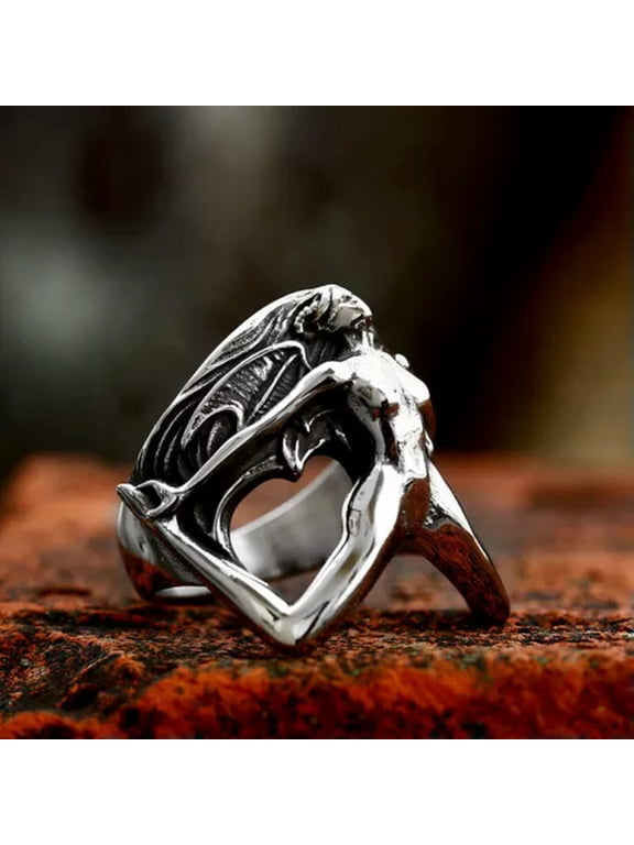 Men's Women's Gothic Wing Demon Skull Ring Stainless Steel Naked Devil Punk Ring-10