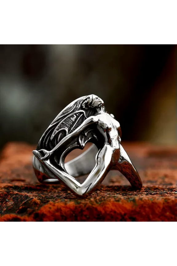 Men's Women's Gothic Wing Demon Skull Ring Stainless Steel Naked Devil Punk Ring-11