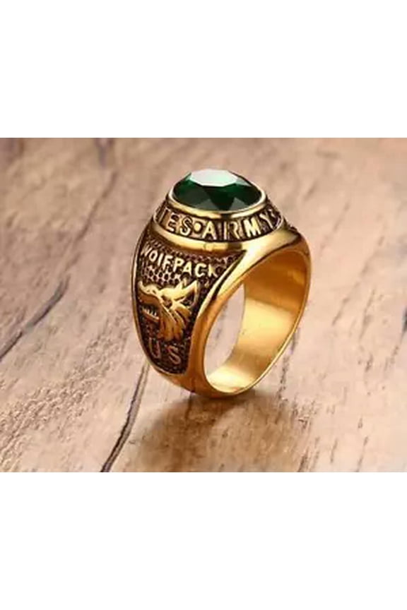 Men's XMAS Gifts Gold Stainless Steel army Ring Large Green stone 8-12#-US 9#