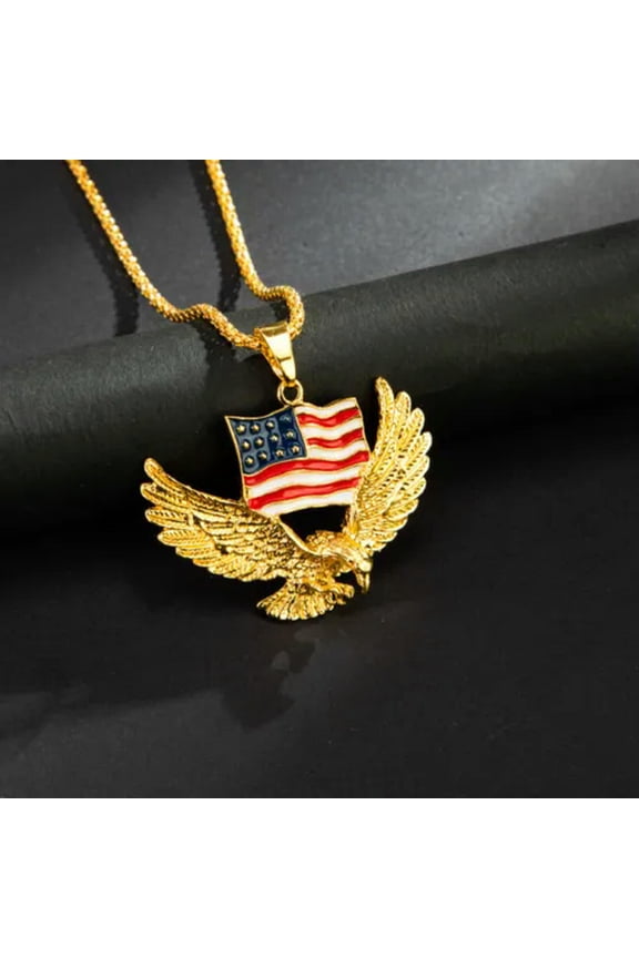Mens American Flag Flying Bald Eagle Pendant Necklace Animal Jewelry Chain 24"-Gold