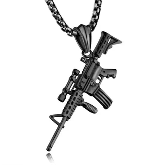 HOOUN Mens Army Cuerno de Chivo AK47 Machine Gun Pendant Necklace Punk Biker Jewelry-Black