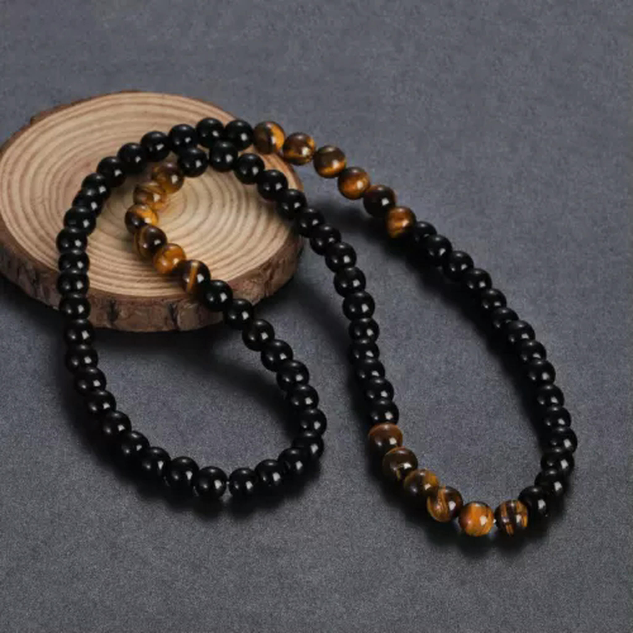 Natural Black Obsidian & Tiger Eye Crystal Necklace – Adjustable Rope Pendant For Protection & Good Luck