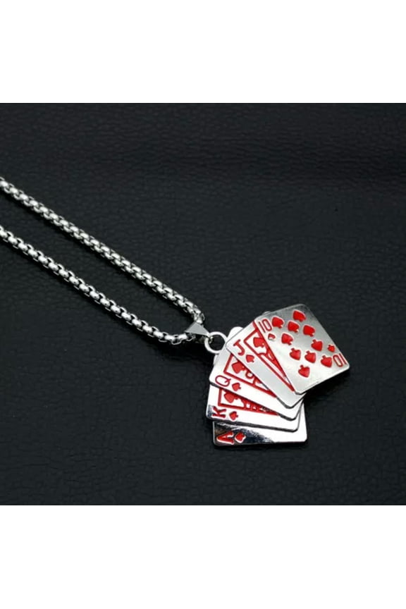 Mens Black Red Poker Card Pendant Necklace Punk Rock Biker Jewelry Chain 24"-Red