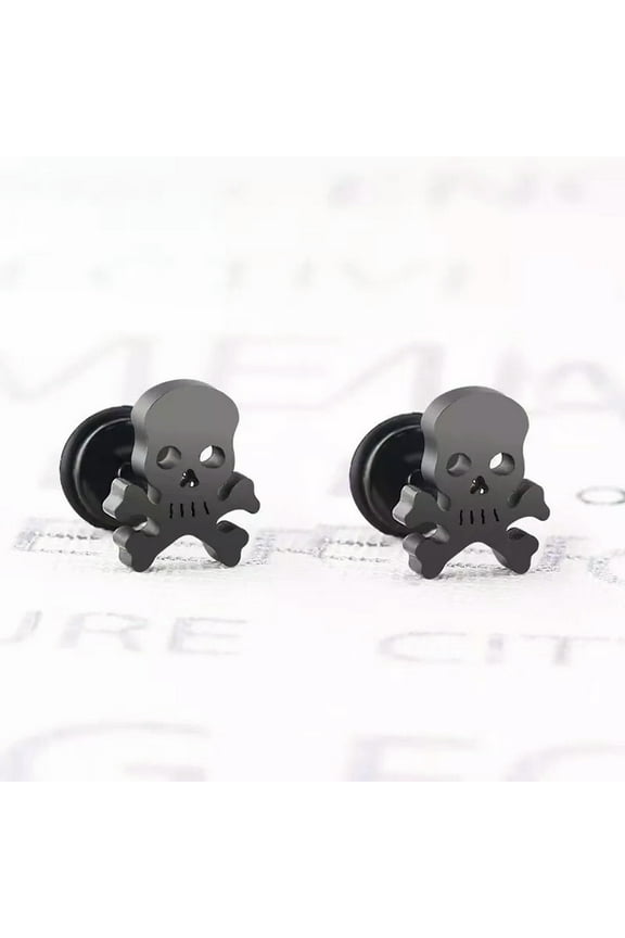 Mens Black Skull Crossbones Screw Back Ear Stud Earrings Punk Retro Rock Jewelry