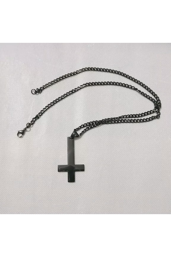 Mens Black Stainless Steel Inverted cross Pendant Necklace Cub chain 5mm 24''
