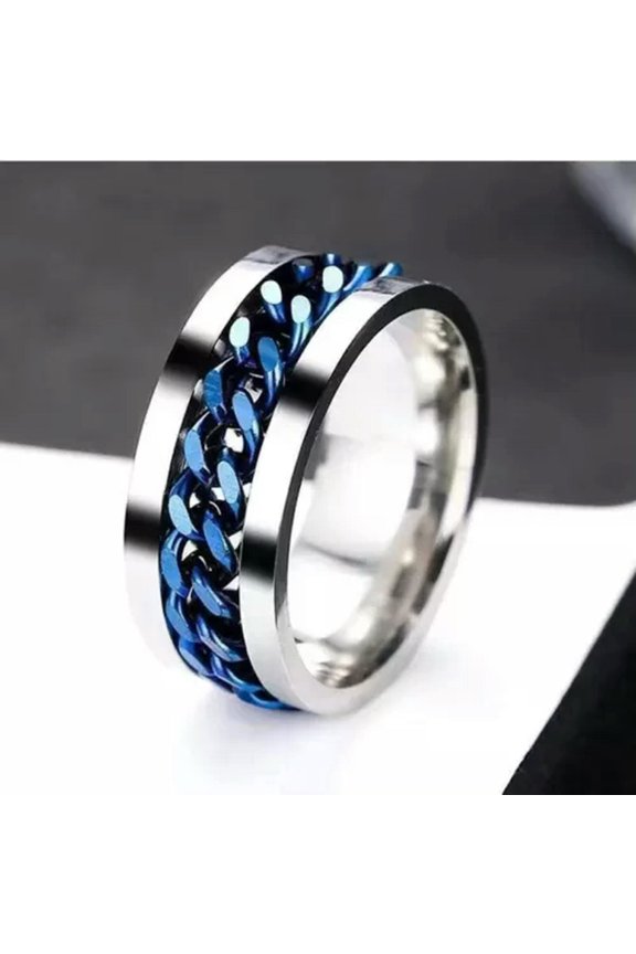 Mens Blue Cuban Link Ring Band Punk Rock Jewelry Stainless Steel 8MM Size 8-13-9