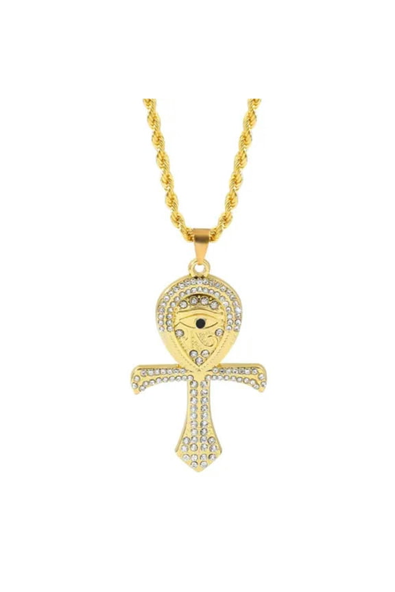 Mens Egyptian CZ Ankh Cross Eye of Horus Pendant Necklace Hip Hop Jewelry 24"-Gold