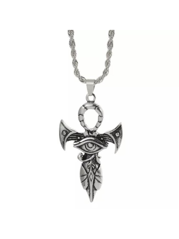Mens Eye of Horus Ankh Cross Pendant Necklace Egyptian Jewelry Rope Chain 24"-Silver