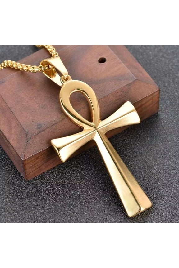 Mens Gold Egyptian Ankh Cross Pendant Necklace Protection Jewelry Chain 22" Gift