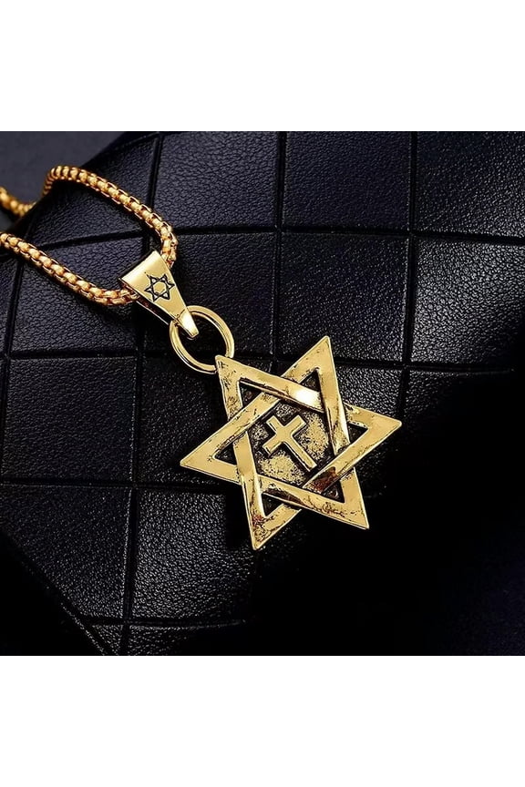 Mens Gold Jewish Star of David Messianic Cross Pendant Necklace Box Chain 24"