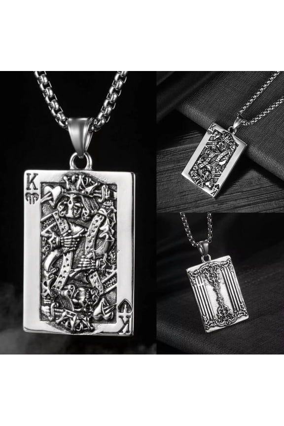 Mens Gothic Retro Skull Skeletons Poker Card Pendant Necklace Silver Chain 24"