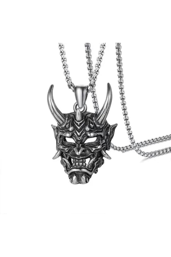 Mens Japanese Horned Devil Hannya Oni Noh Pendant Punk Biker Necklace Chain 24"-Silver