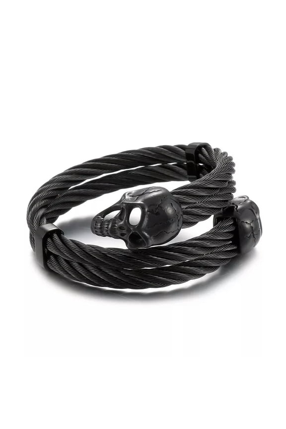 Mens Large Double Skull Cuff Bangle Wire Chain Bracelet Stainless Steel Black