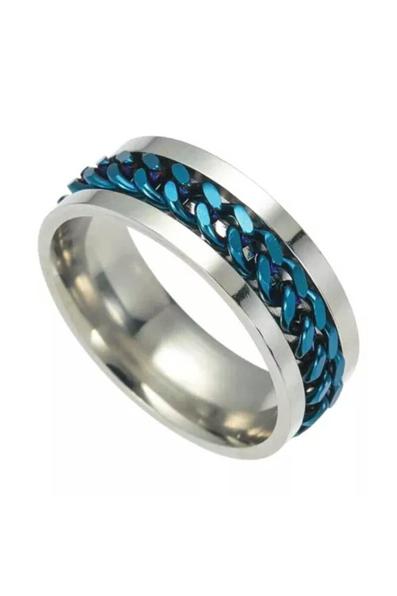 Mens Punk Blue Cuban Link Ring Band Retro Rock Biker Jewelry Stainless Steel 8MM-9