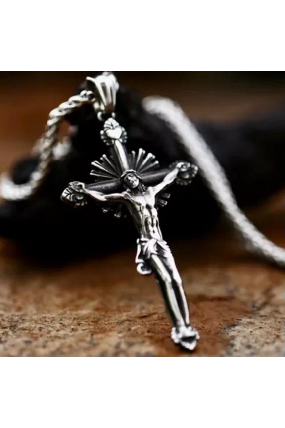 Mens Punk Jesus Cross / Viking Wolf / Skull Pendant Necklace Stainless Steel 24"-Style 1- Jesus Cross