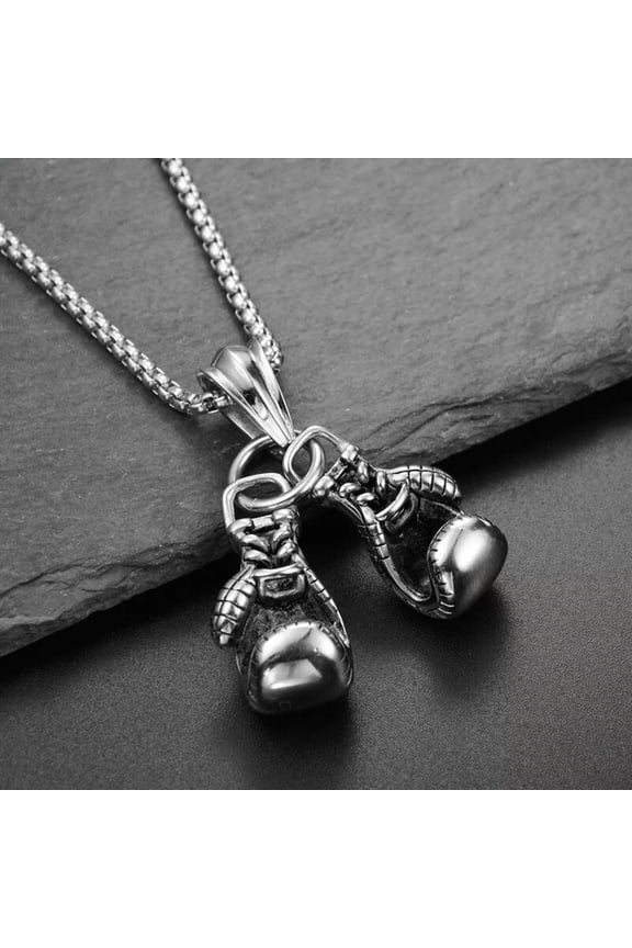 Mens Punk Rock Silver 3D Boxing Gloves Pendant Hip Hop Biker Necklace Chain 24"