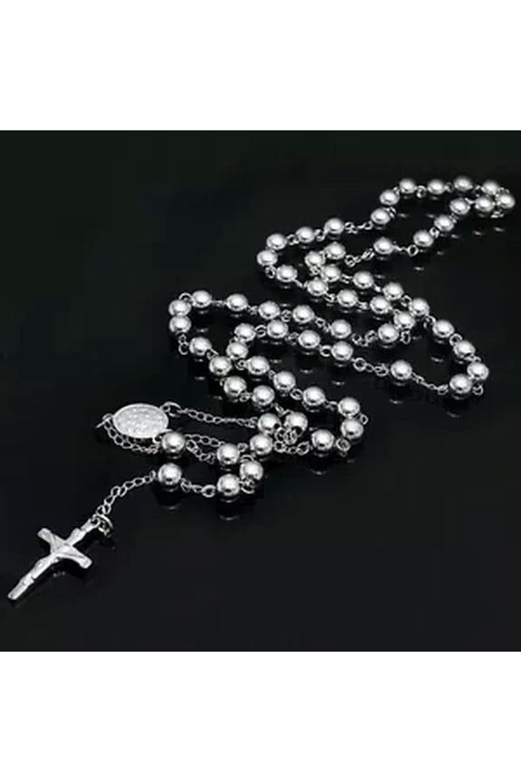 Mens ROSARY BEAD JESUS CROSS 8MM STAINLESS STEEL NECKLACE CHAIN 30'' jewelry
