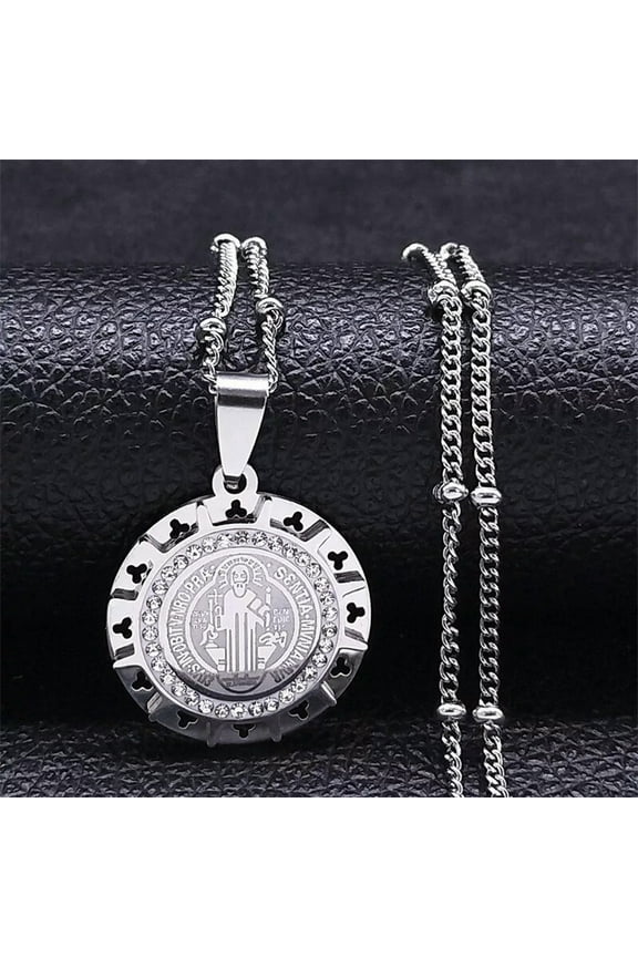 Mens Saint St Benedict Protection Medal Ornate Pendant Necklace 24" Chain