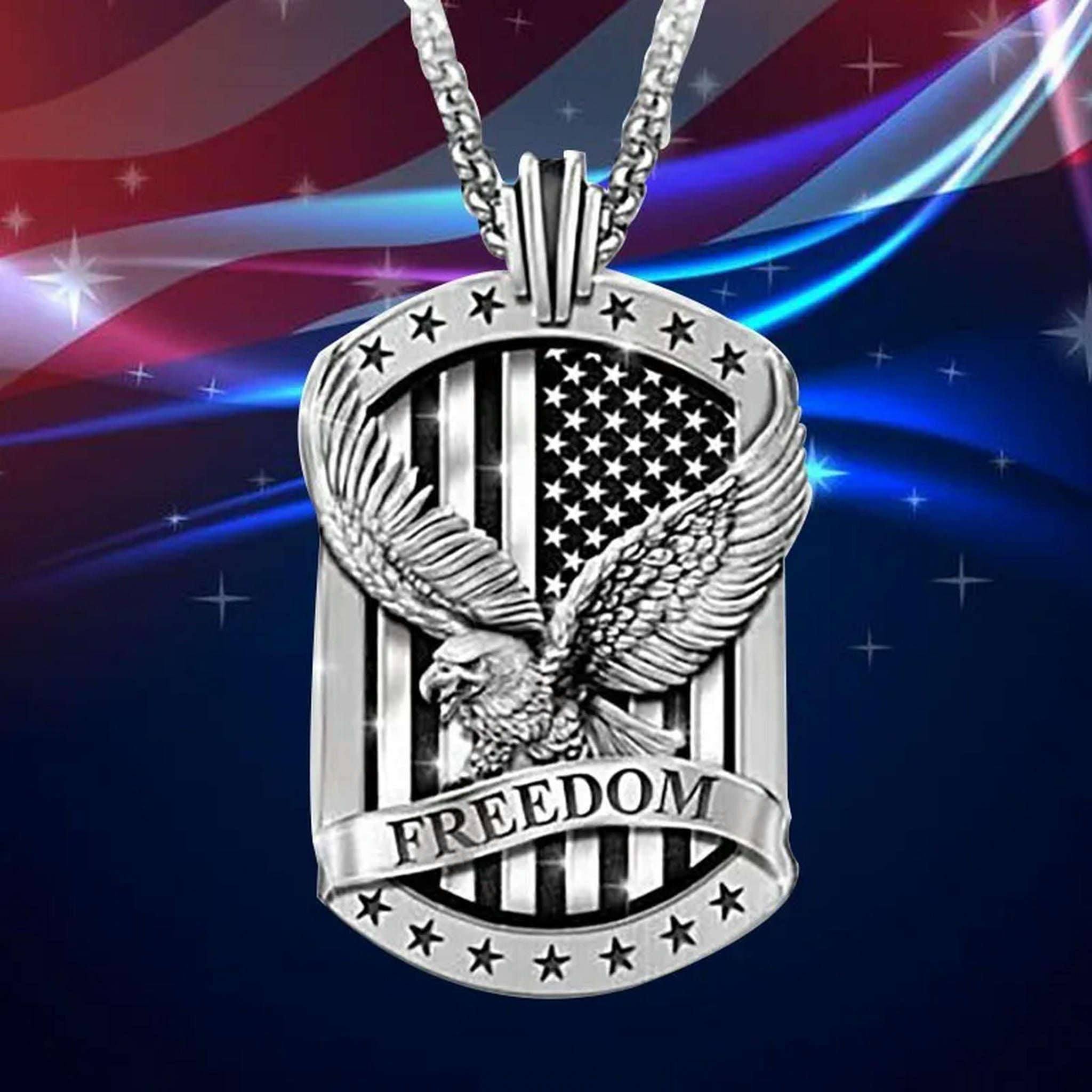 HOOUN Mens Silver American Eagle w. US Flag Pendant Necklace Punk Biker Jewelry 24"